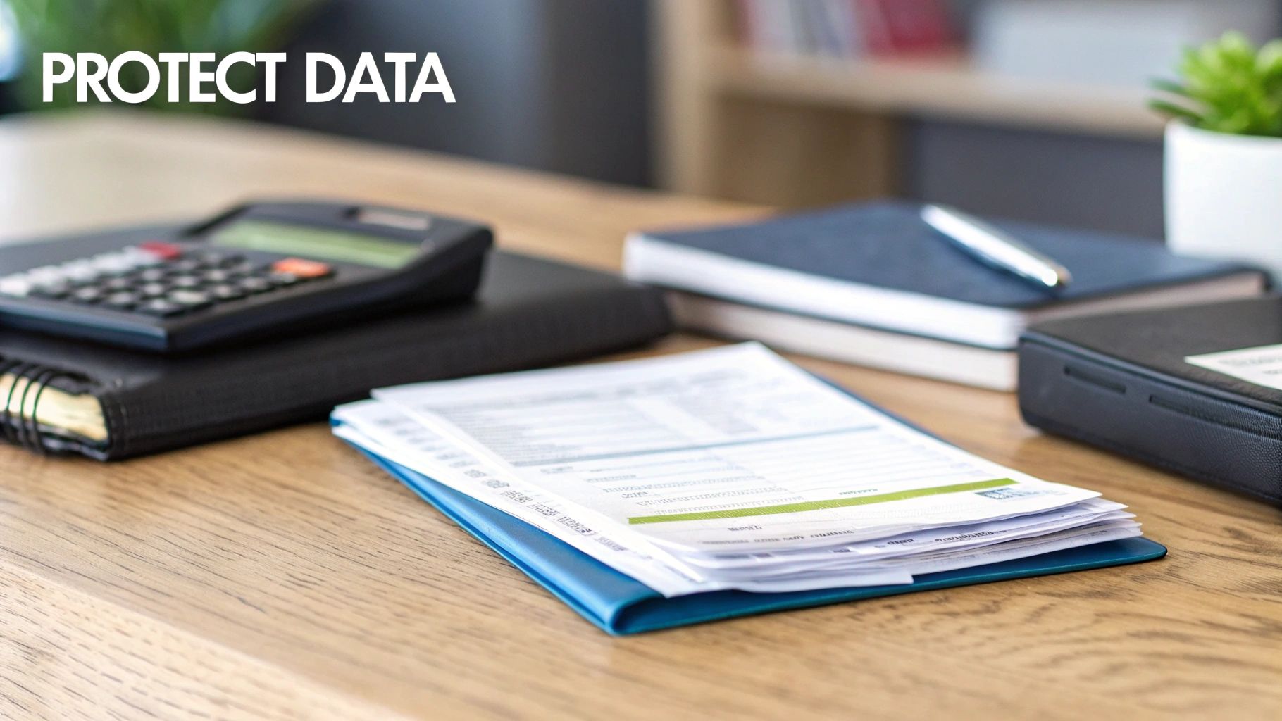 An office desk with financial documents, a calculator, and notebooks, emphasizing data protection.