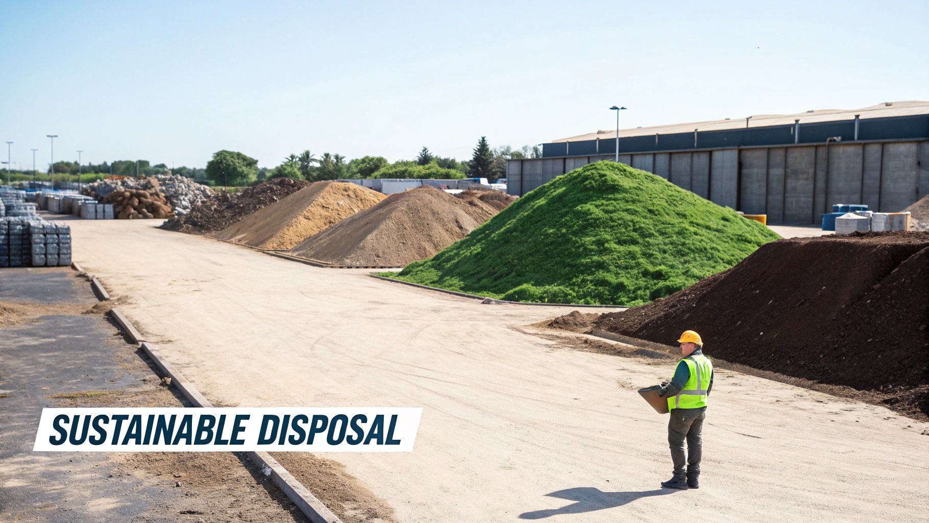 A worker in a high-vis vest stands near large piles of sand, compost, and green waste at a sustainable disposal facility.