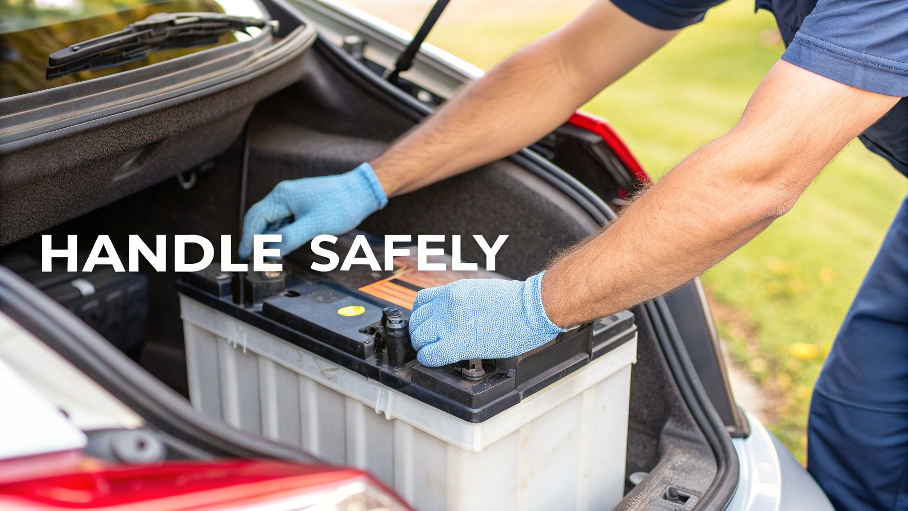 A person wearing protective gloves carefully lifts a car battery.