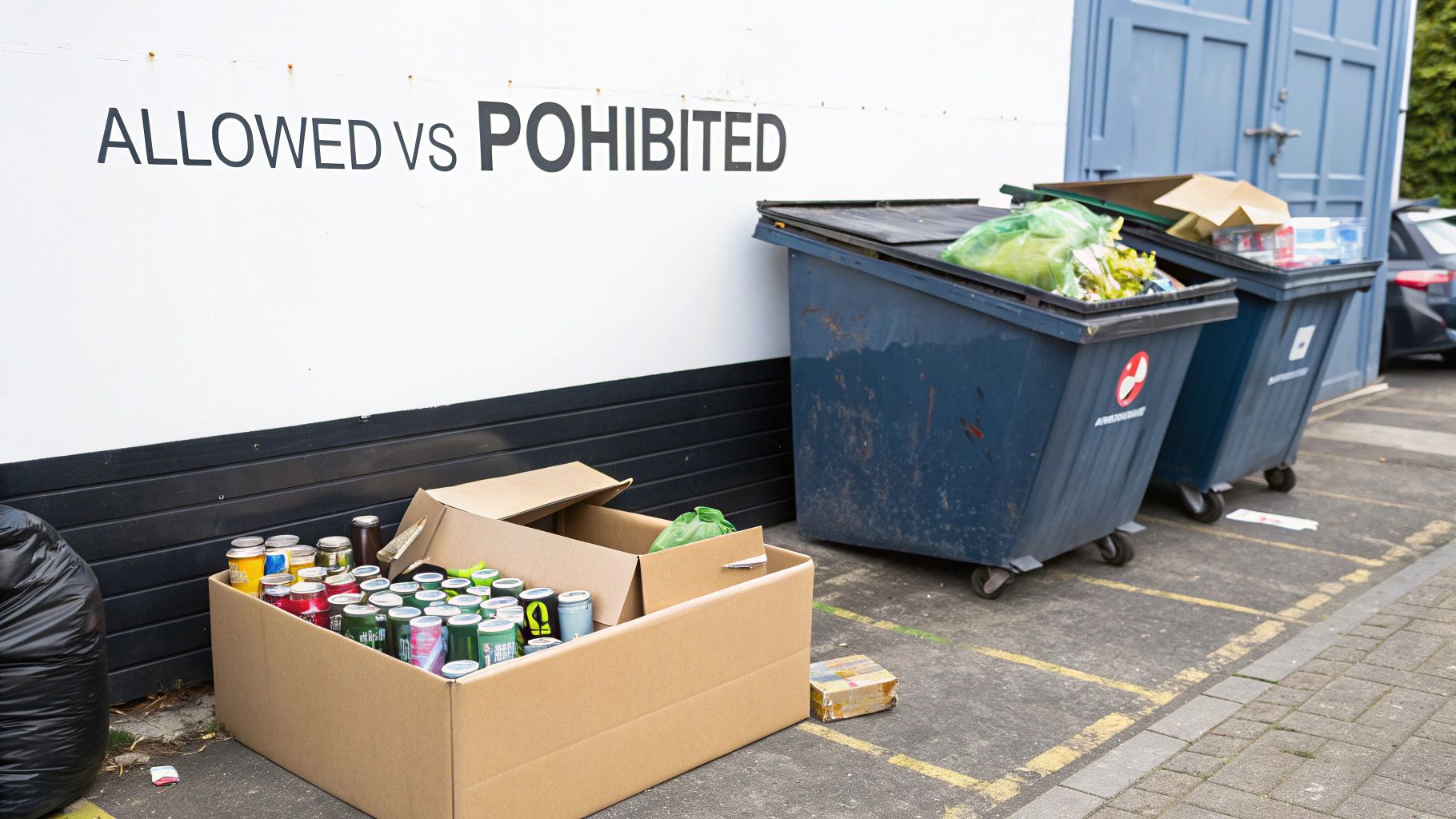 Recycling bins and a cardboard box full of cans next to a wall with 'ALLOWED VS PROHIBITED' text.
