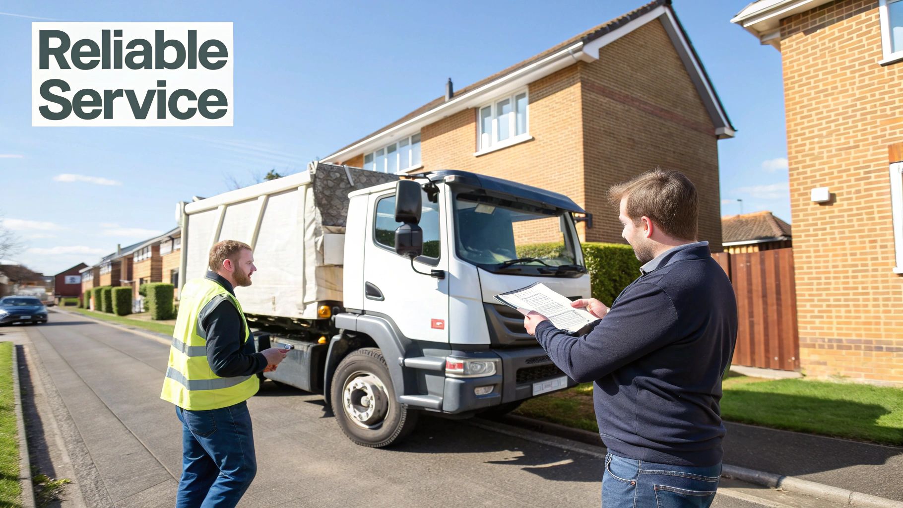 Two workers review documents next to a white skip hire truck in a sunny residential area.