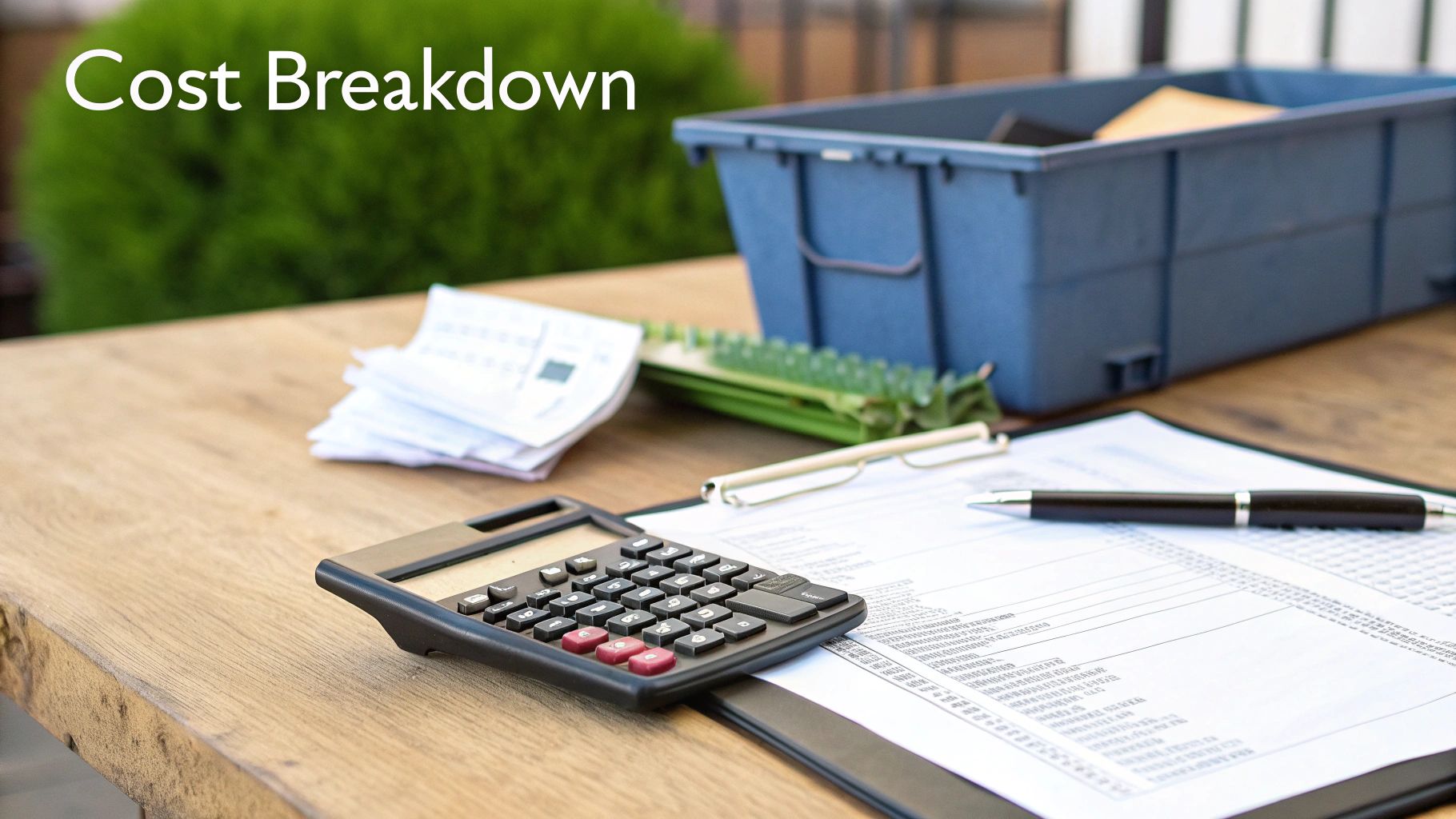 Cost Breakdown title on image of calculator, receipts, pen, and papers on a wooden desk.