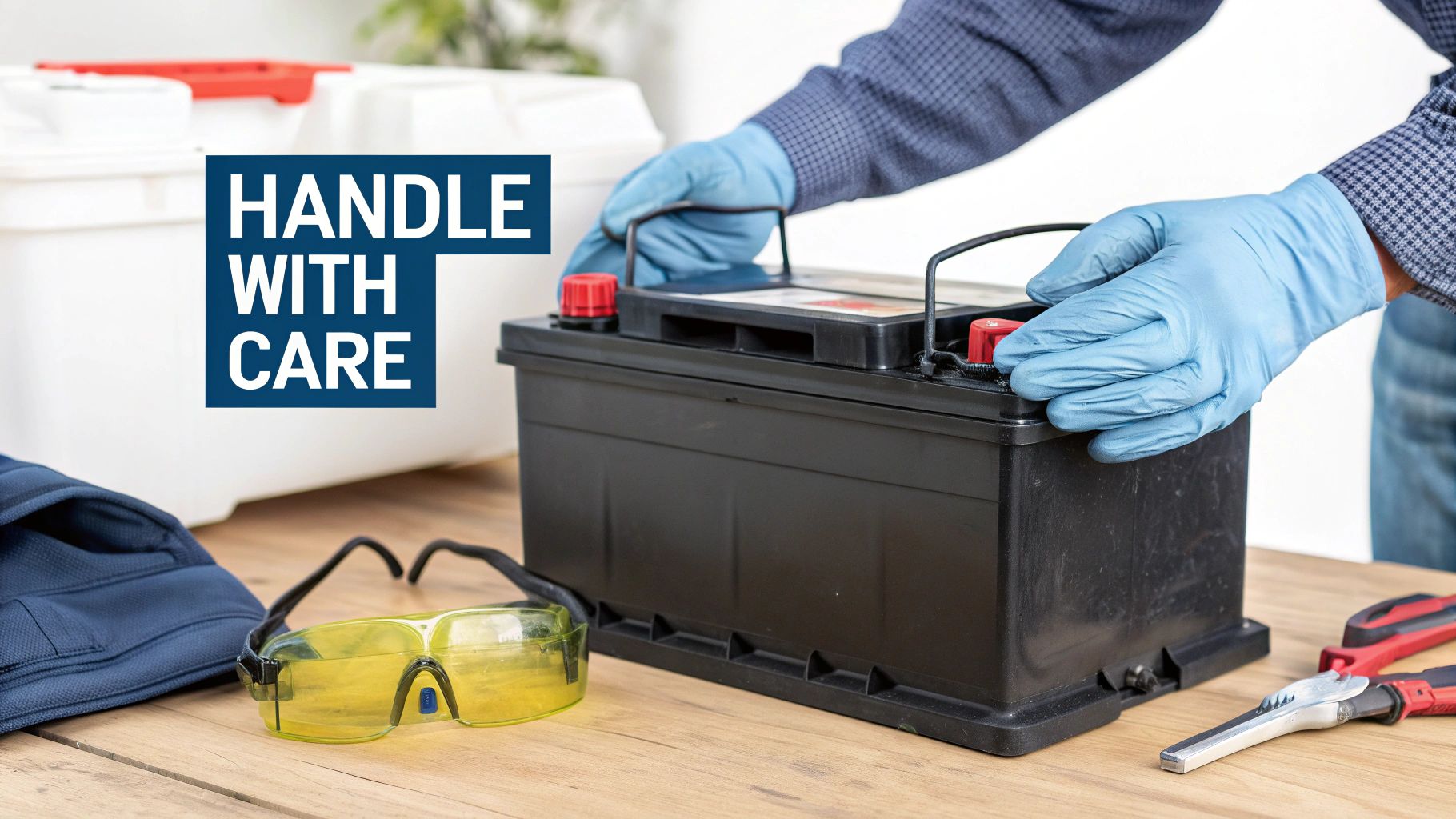 A person in blue gloves carefully handling a black car battery, with safety glasses and tools on a wooden table.