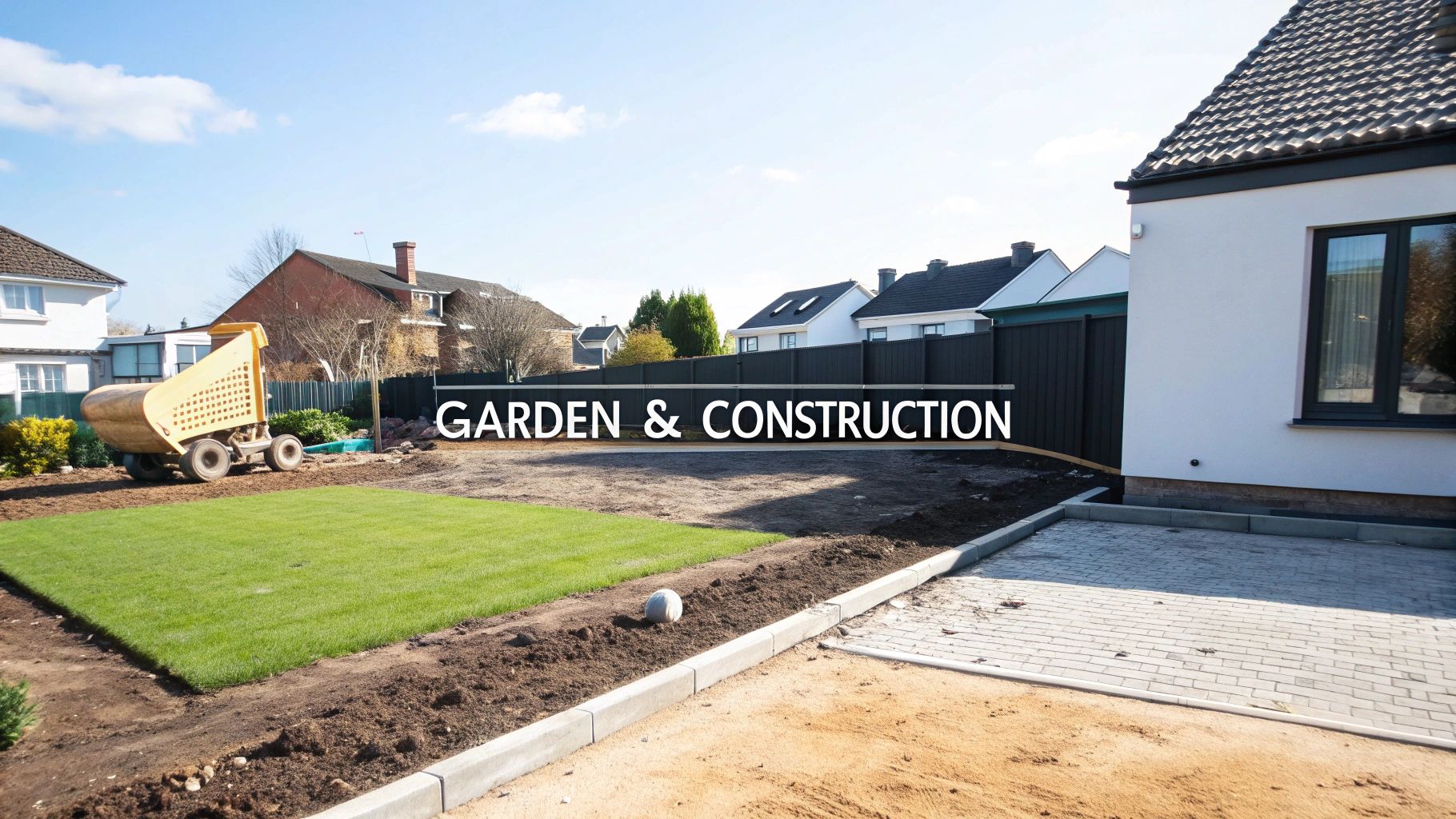 A garden under construction featuring new turf, bare earth, a paved area, and a yellow mini dumper.