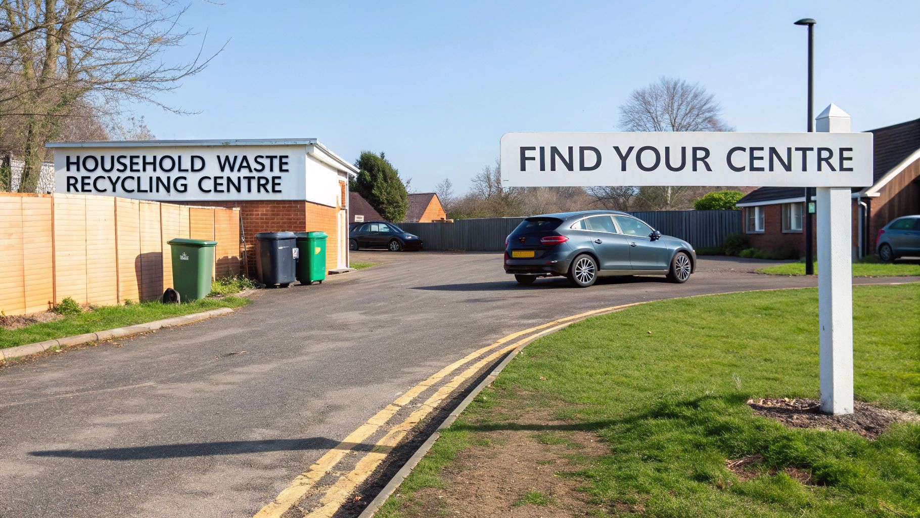A sign at a recycling centre indicating the drop-off point for paint tins.