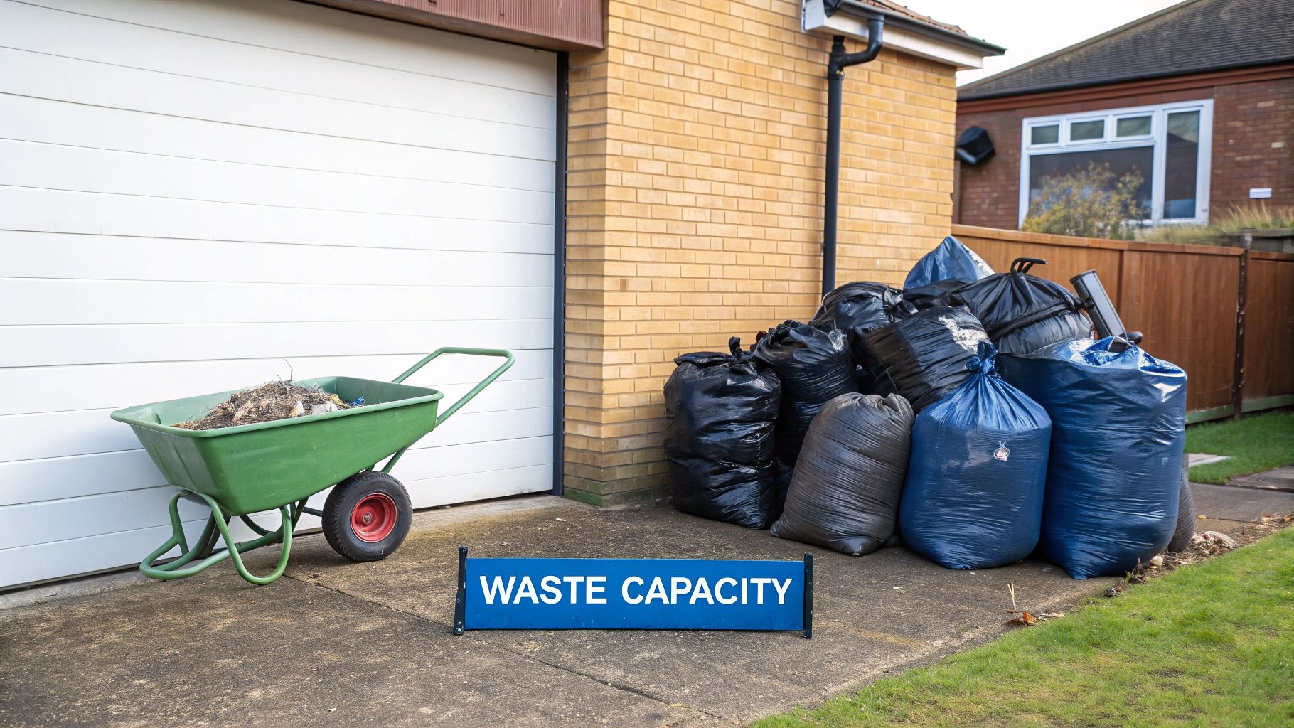 A 4 yard skip being loaded with garden waste and old furniture