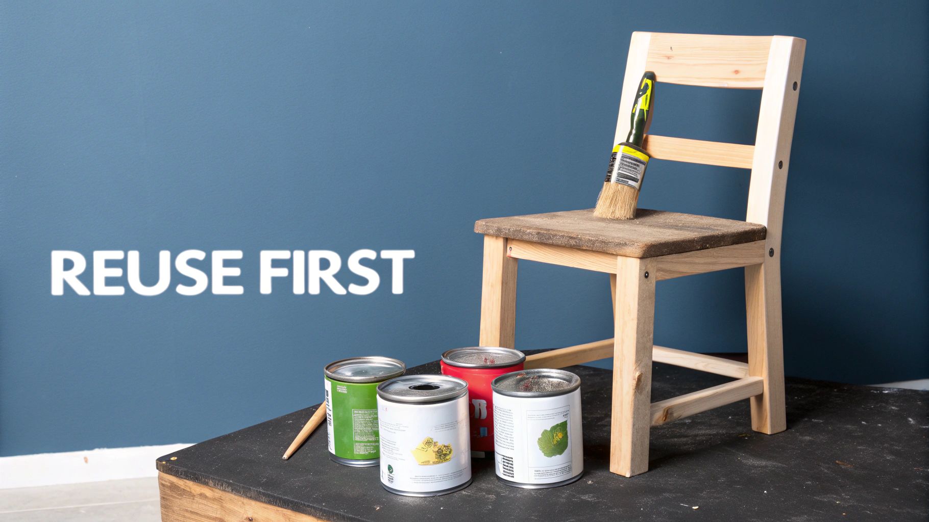Wooden chair with a paint brush and several paint cans, emphasizing 'REUSE FIRST'.