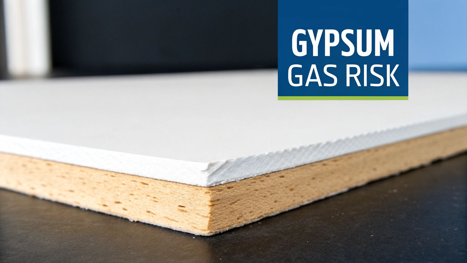 Close-up of a gypsum plasterboard cross-section with a white surface and brown backing, featuring a 'GYPSUM GAS RISK' label.