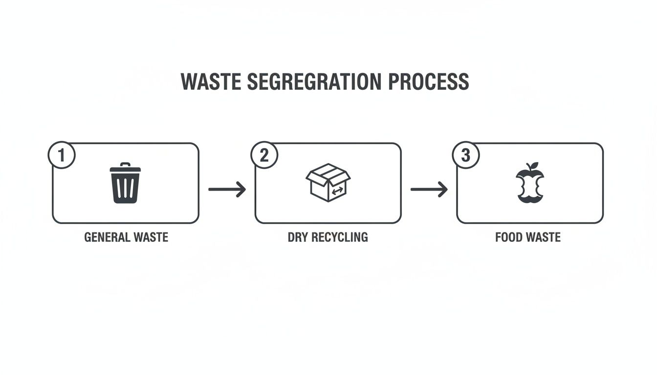 Infographic detailing the waste segregation process, categorizing general waste, dry recycling, and food waste.