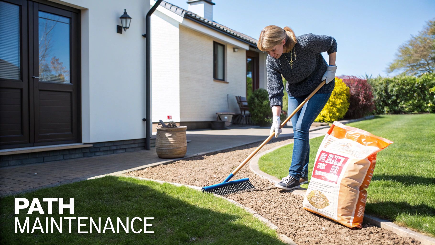 A woman in work gloves raking new self-binding gravel on a garden path beside a green lawn and house.