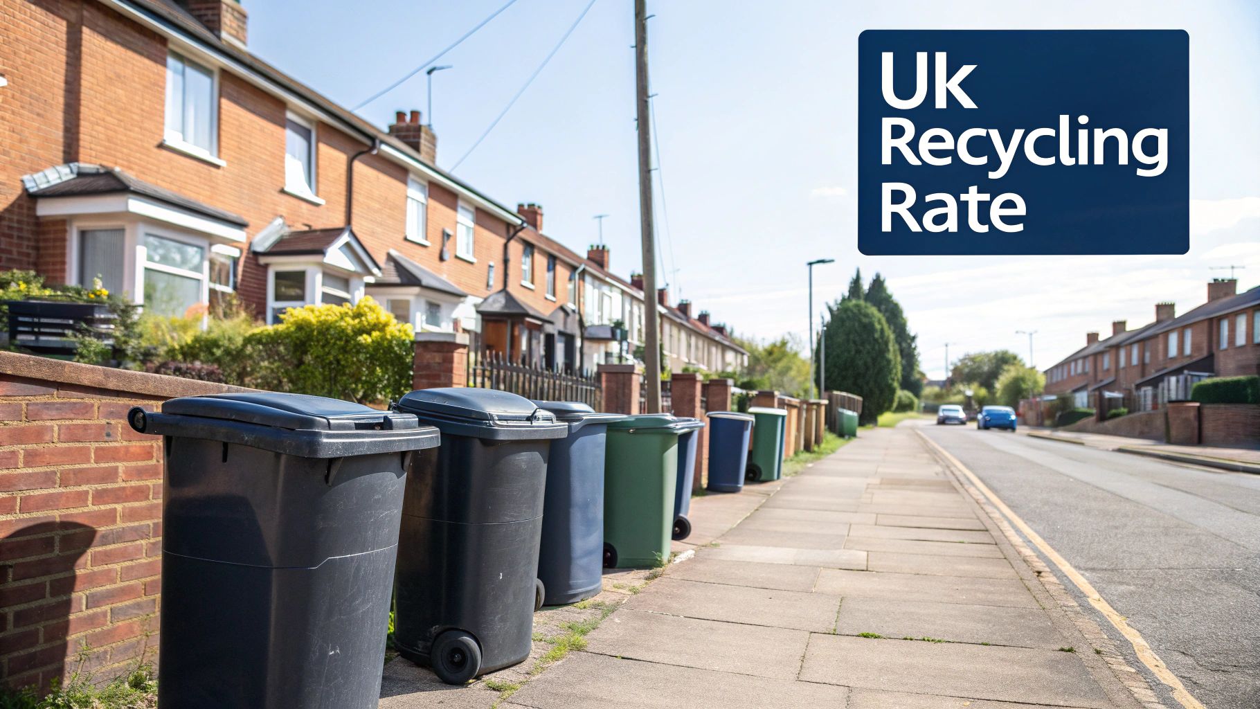 A UK street lined with terraced houses and colorful recycling bins on the sidewalk, featuring a 'UK Recycling Rate' overlay.