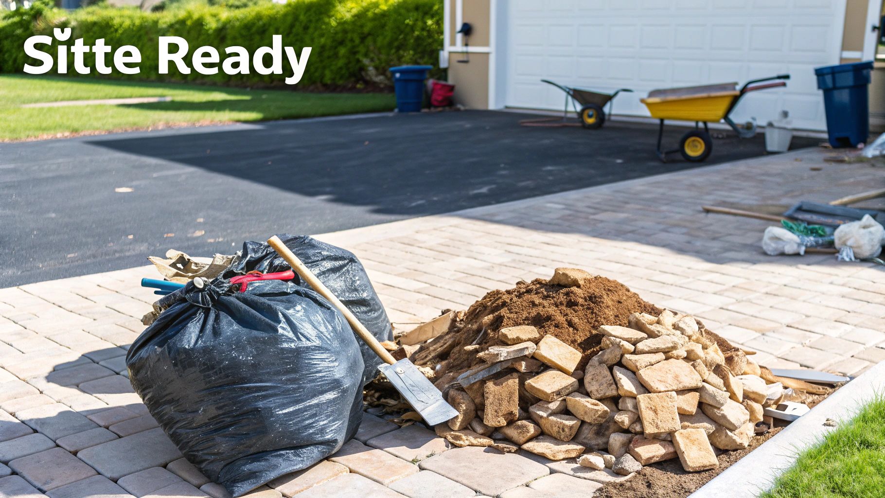 A neatly piled stack of construction waste on a driveway, ready for grab lorry collection.