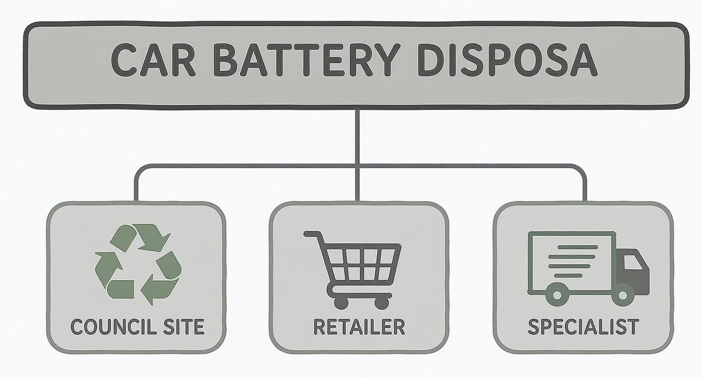 Flowchart showing three options for car battery disposal: council site, retailer, or specialist.