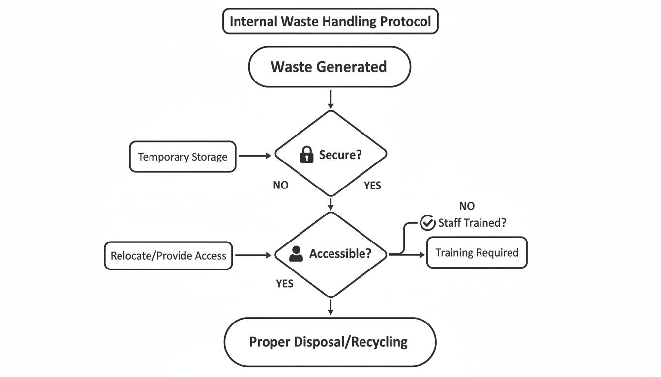 Flowchart detailing waste handling: checks for security (temporary storage if not), accessibility (training/relocation if not), leading to proper disposal.