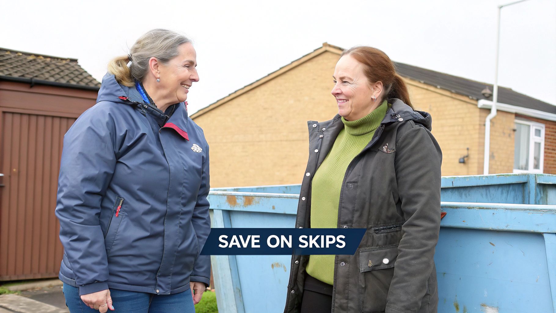 Two smiling women in jackets standing outdoors next to a large blue skip.