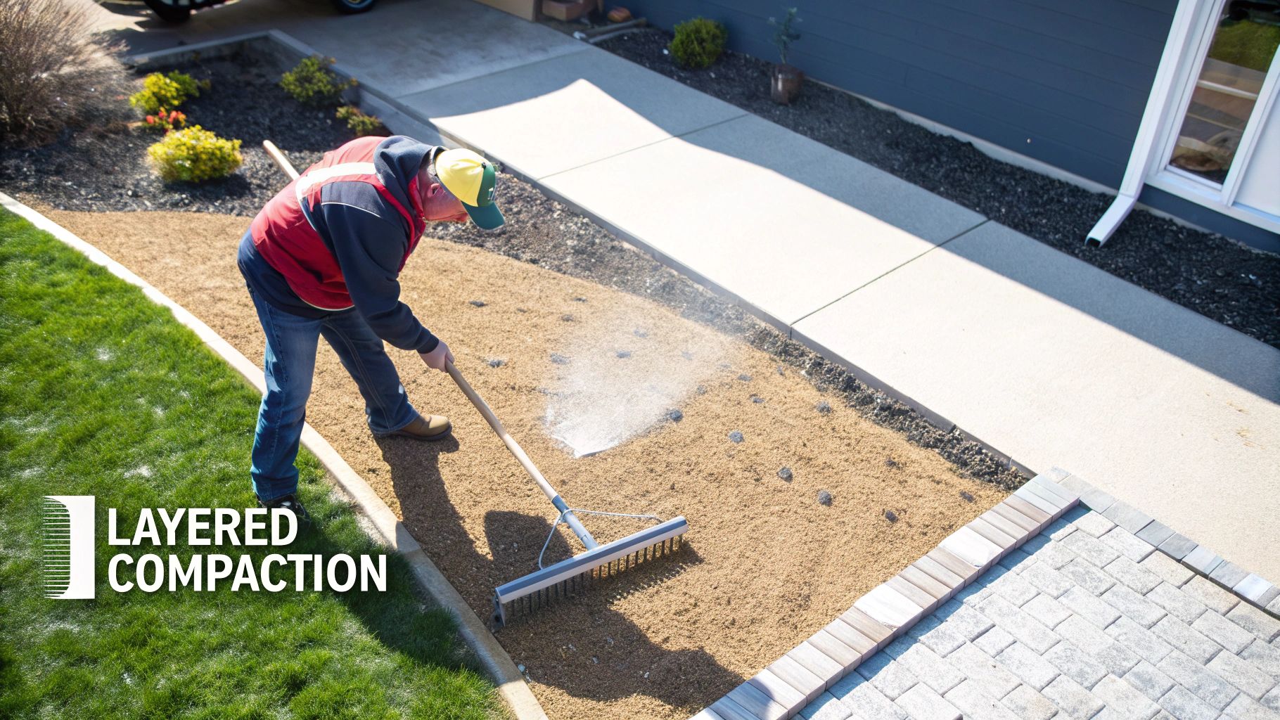 A person raking self binding gravel evenly across a prepared pathway sub-base