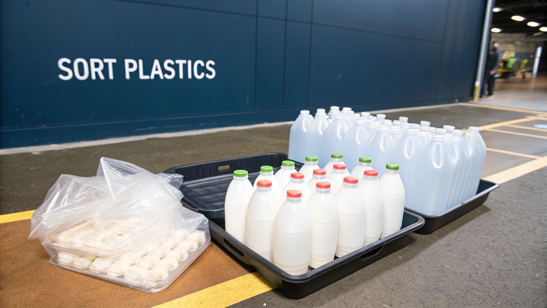 Various plastic bottles and containers, some clear and some white, arranged for sorting beneath a "SORT PLASTICS" sign.