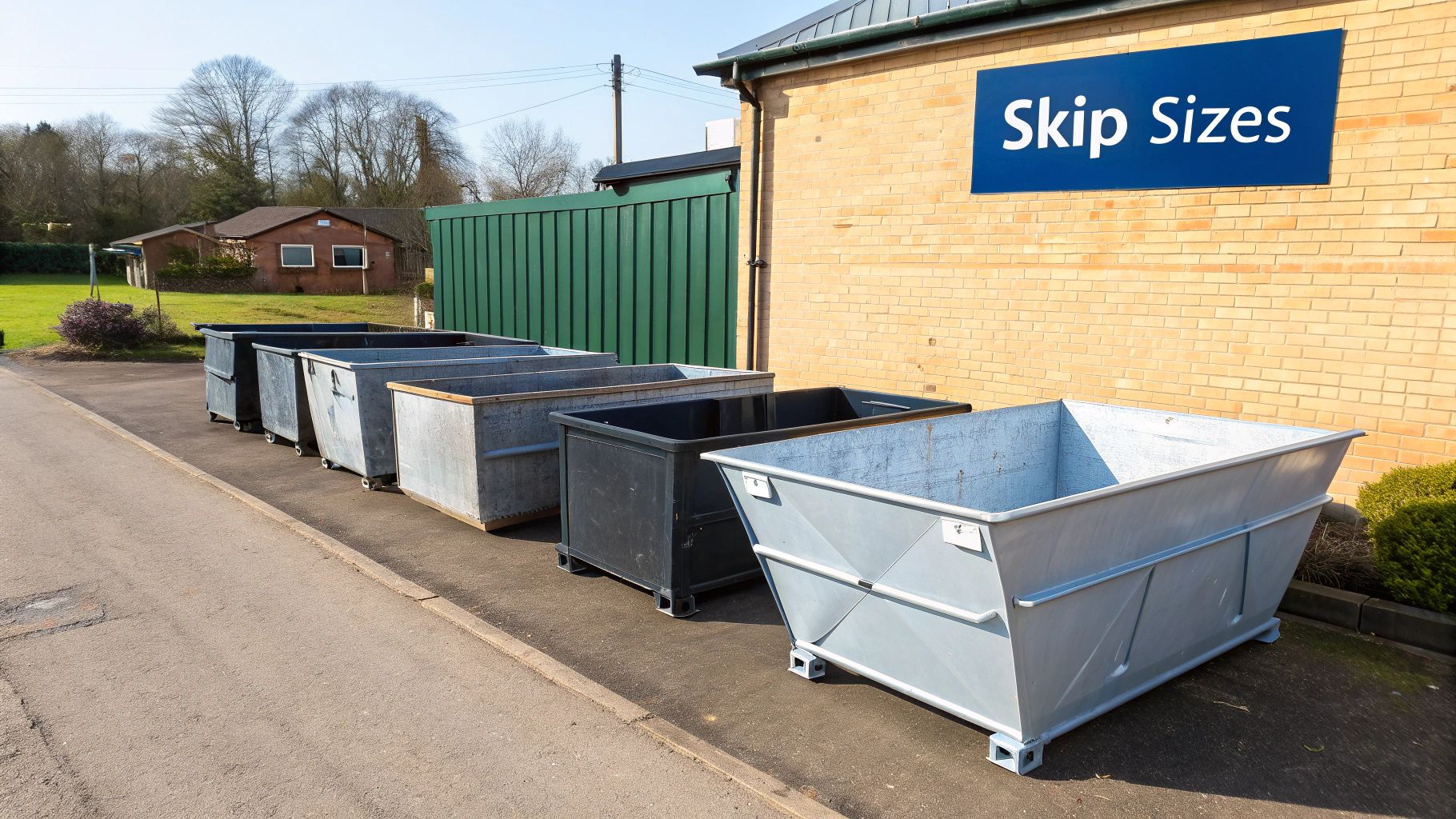 A large yellow skip being delivered by a truck to a residential driveway.