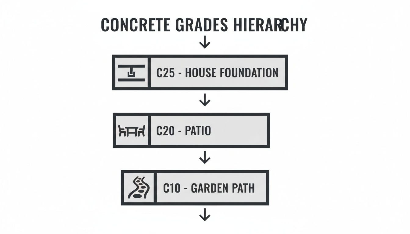 A hierarchy chart showing concrete grades: C25 for house foundations, C20 for patios, and C10 for garden paths.