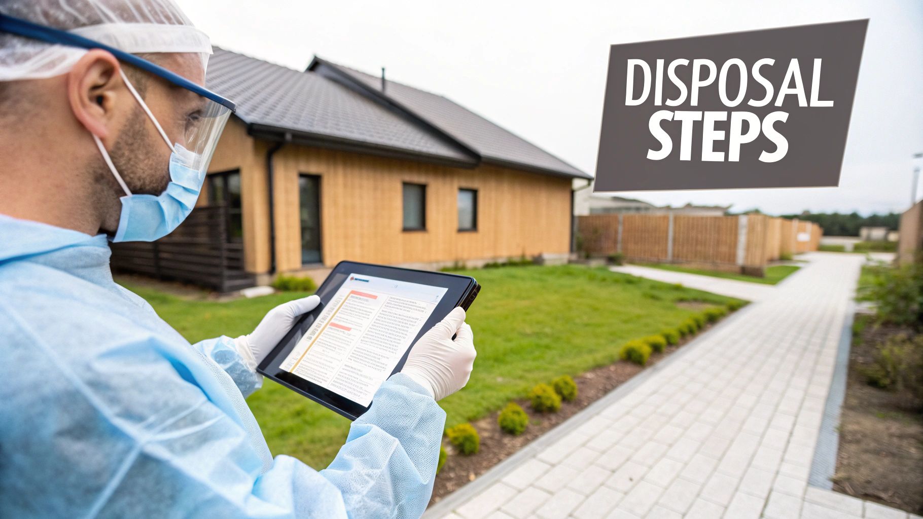 A person in full PPE consults a tablet while a 'DISPOSAL STEPS' sign floats nearby, in front of a modern house.