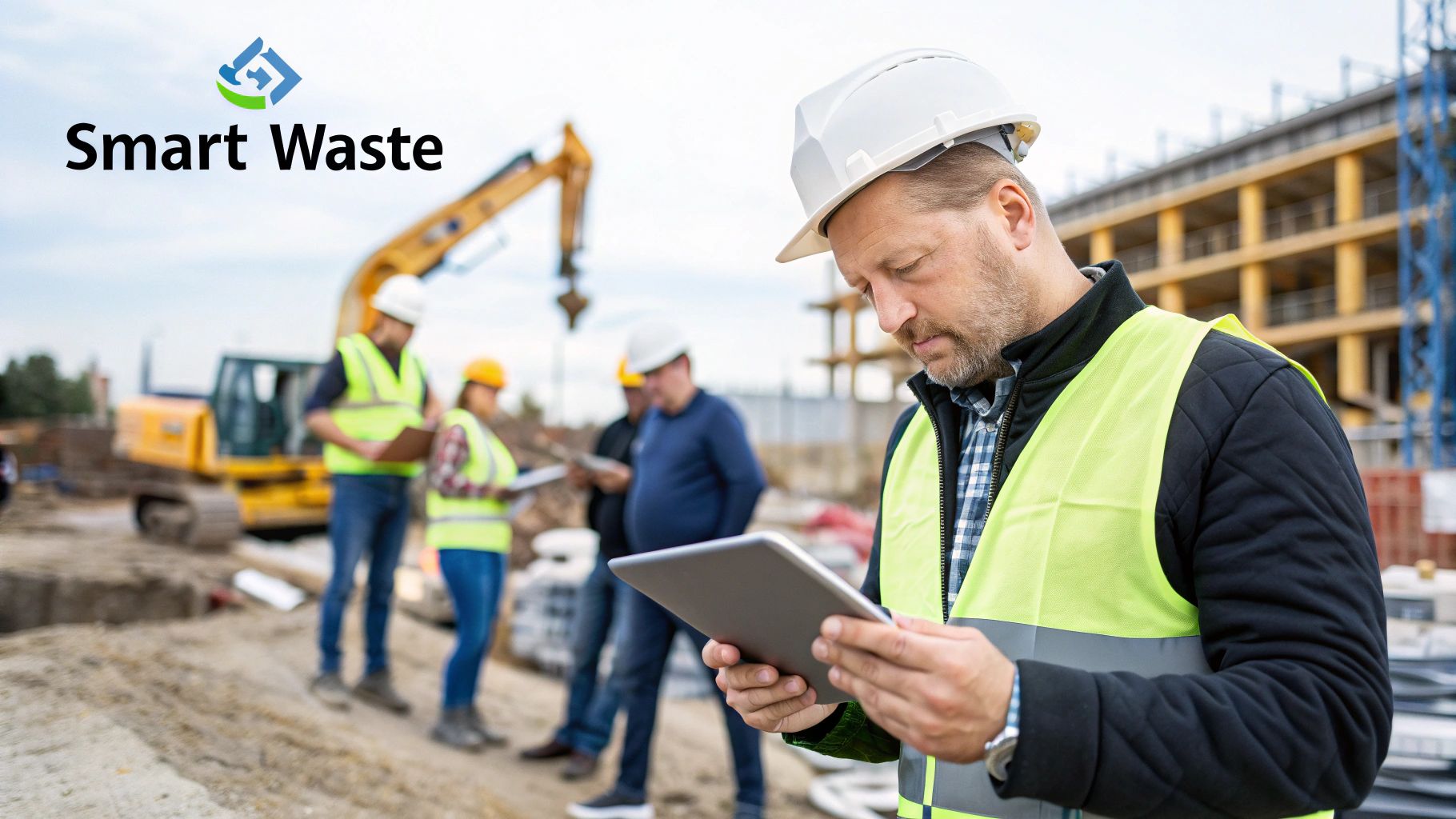 A construction site with organised waste skips, showing effective waste management for construction in practice.