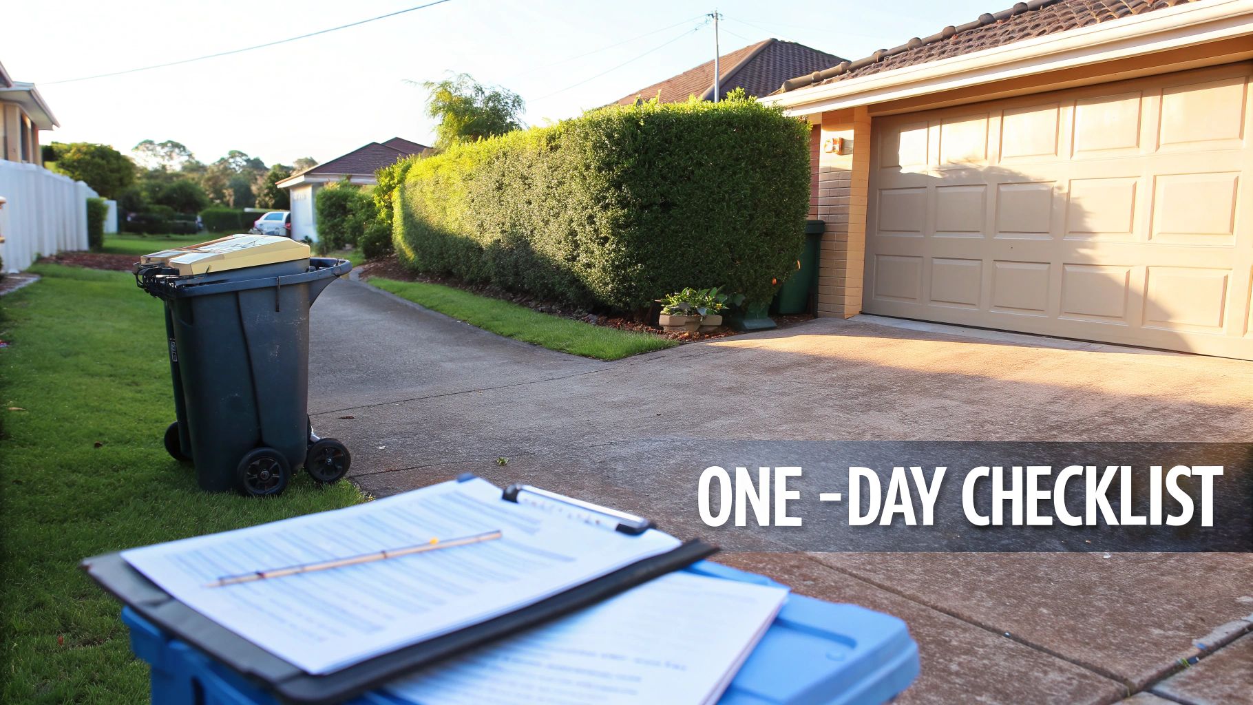 A suburban driveway scene with a house, garage, large green bin, and a clipboard with papers in the foreground.