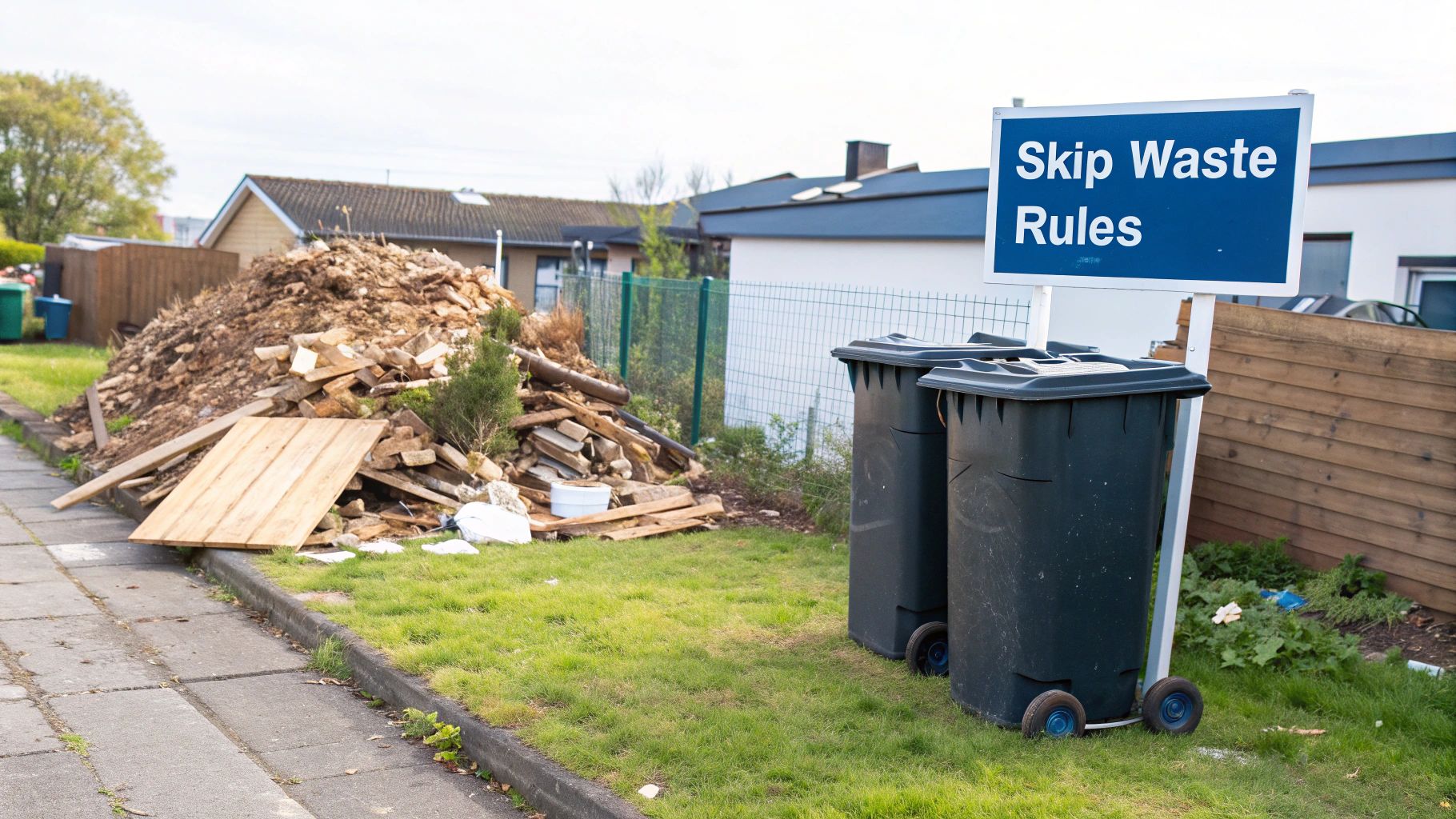 Large pile of skip waste and garden debris on grass with two black bins and a 'Skip Waste Rules' sign.