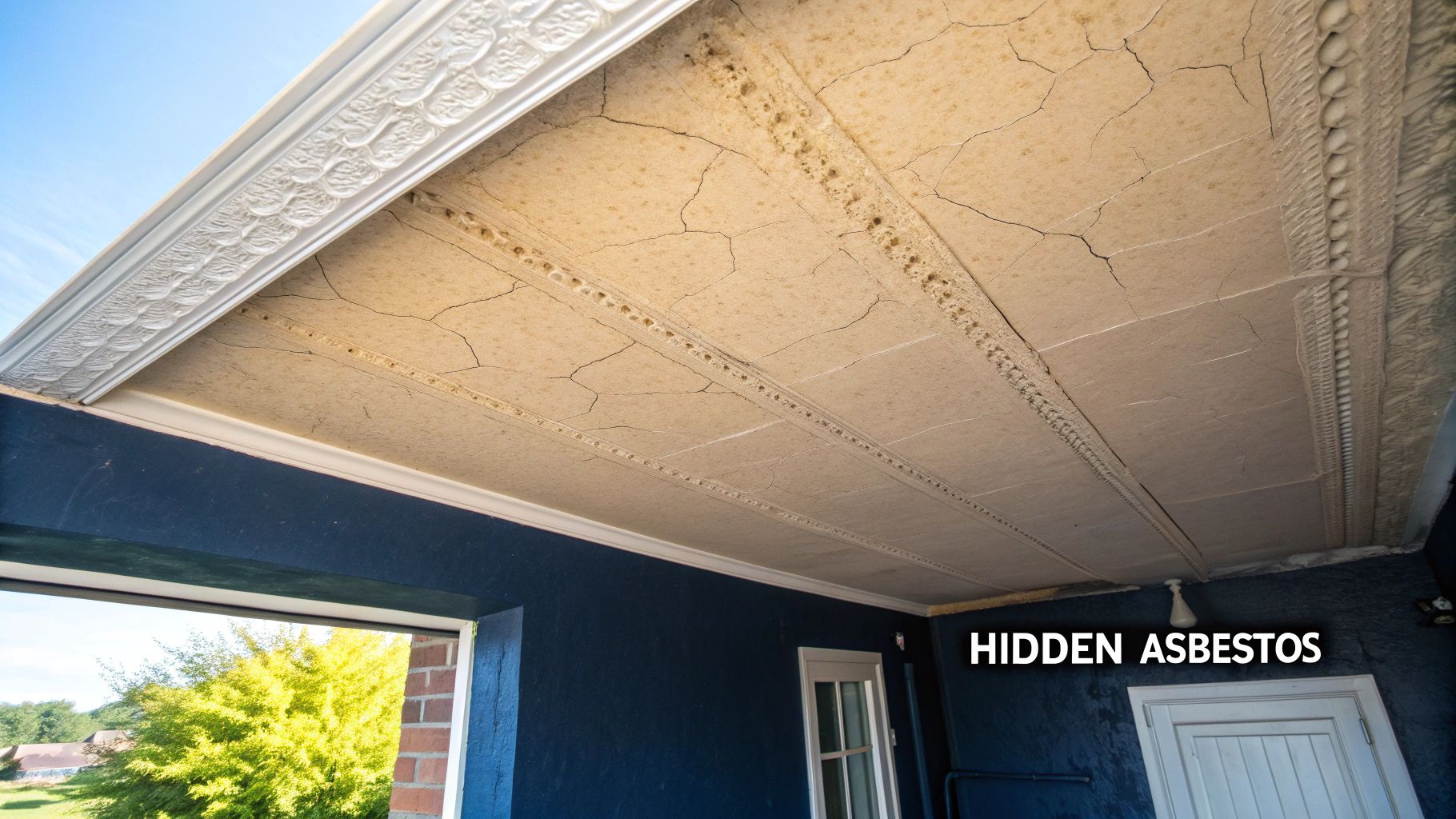 Old, textured white ceiling with cracks, hinting at potential asbestos presence.