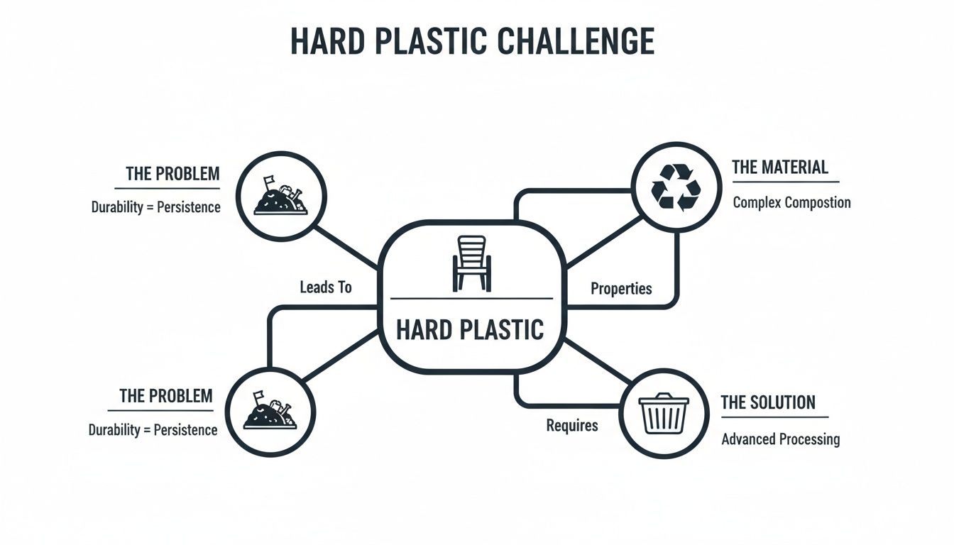Mind map illustrating the Hard Plastic Challenge, detailing problems, material properties, and advanced processing solutions.