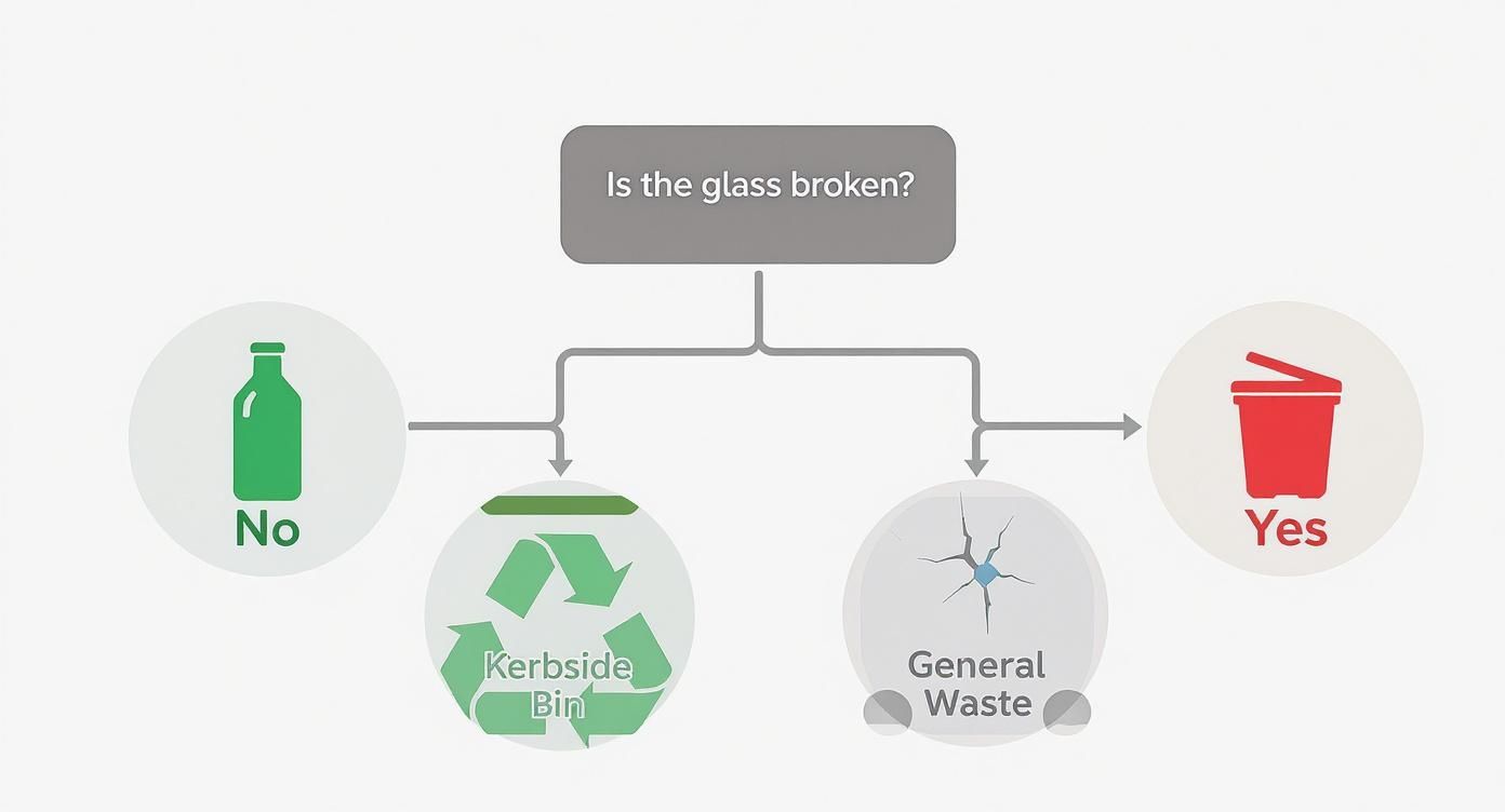 A flowchart guiding glass disposal: unbroken glass goes to kerbside recycling, while broken glass goes to general waste.