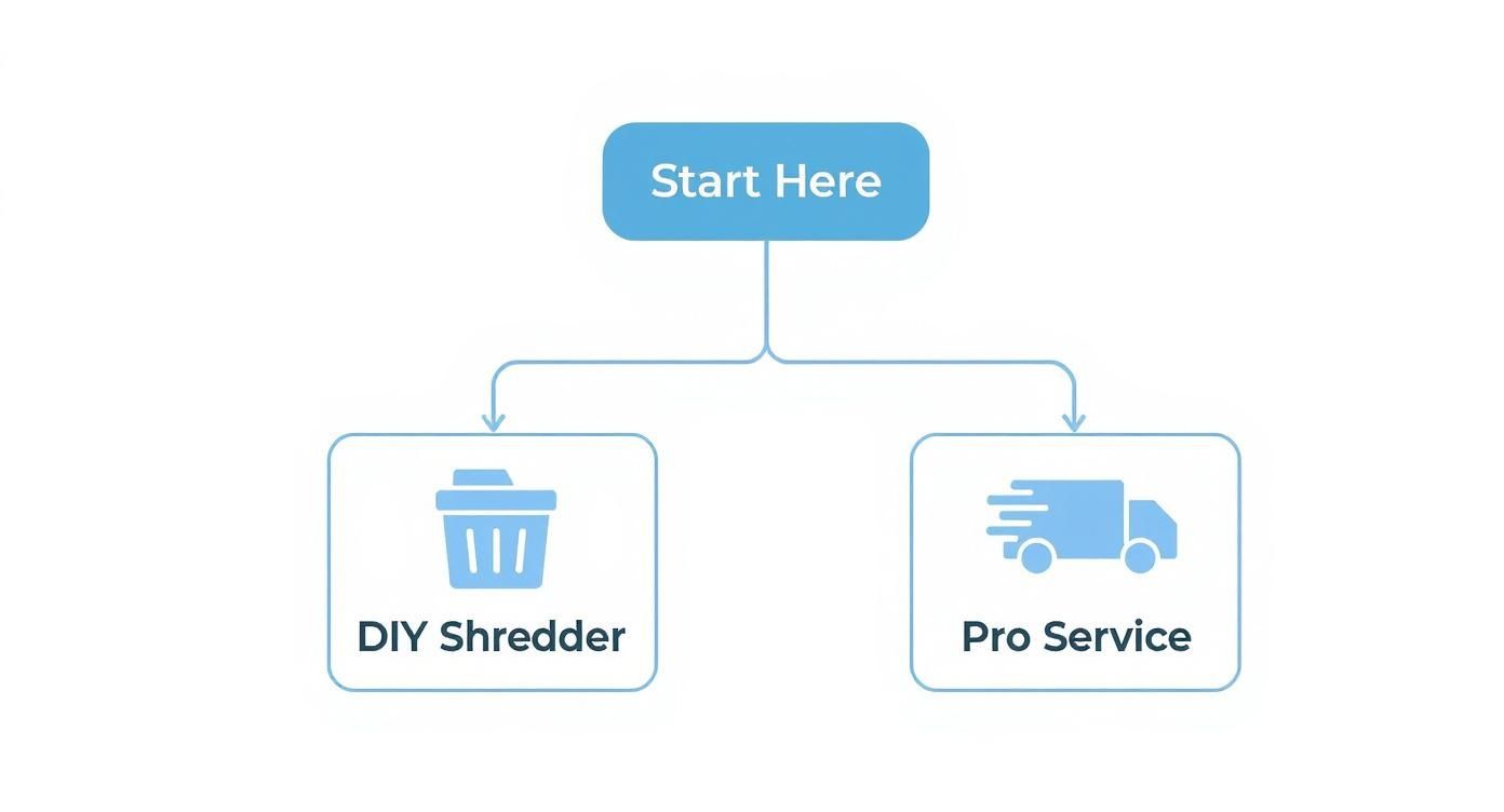 A flowchart showing two options for disposing of confidential documents: DIY shredder or professional service.