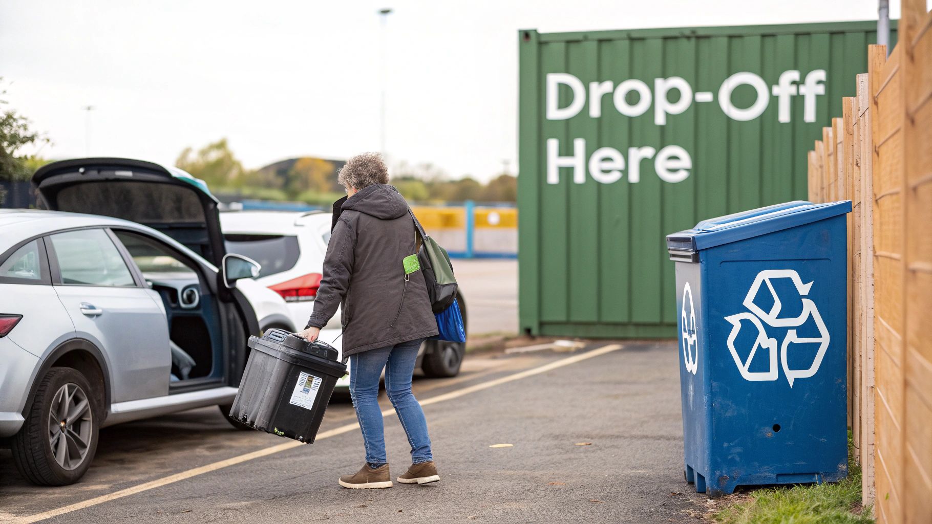 A person carries a black bin towards a recycling drop-off point with a green container and blue bin.
