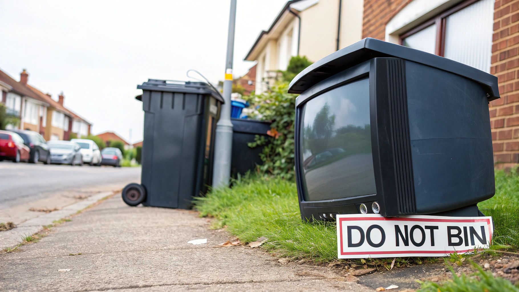 An old CRT television with a "DO NOT BIN" sign on a residential street curb.