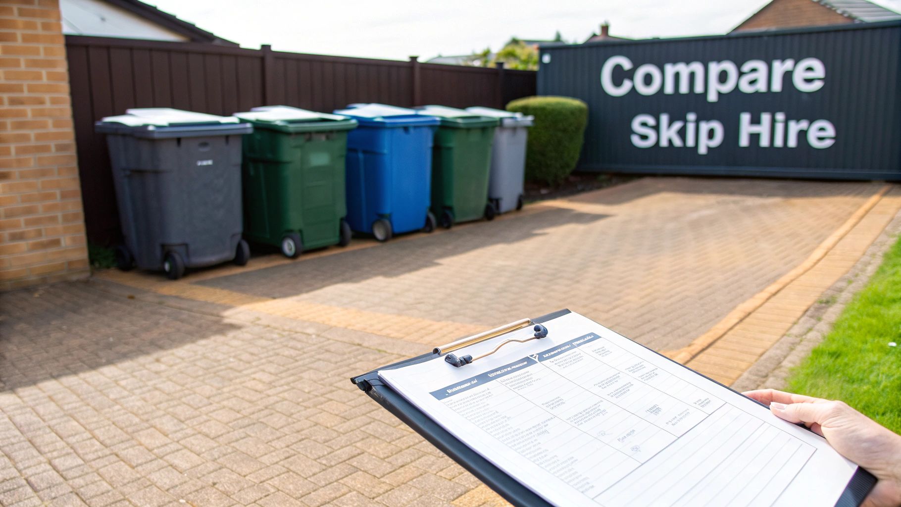 A person holds a clipboard with a document in front of colorful waste bins and a 'Compare Skip Hire' sign.