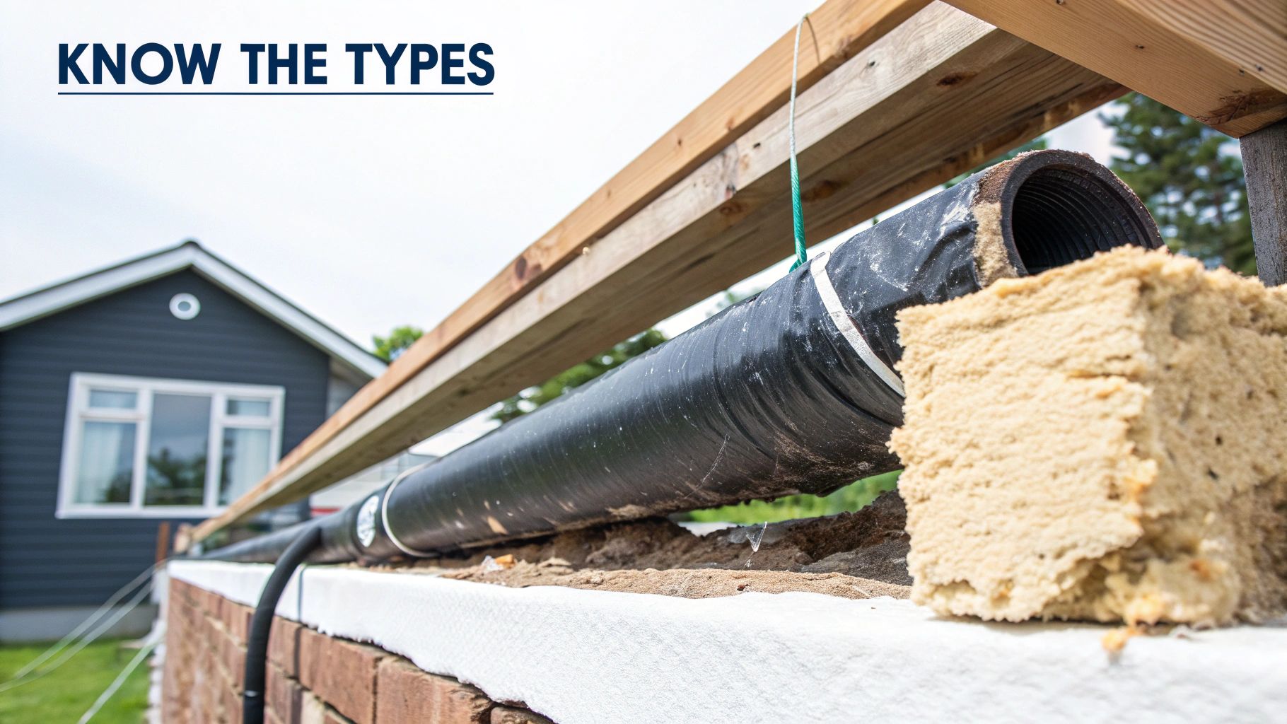 Close-up of a black pipe next to beige fibrous insulation and wooden beams during construction.