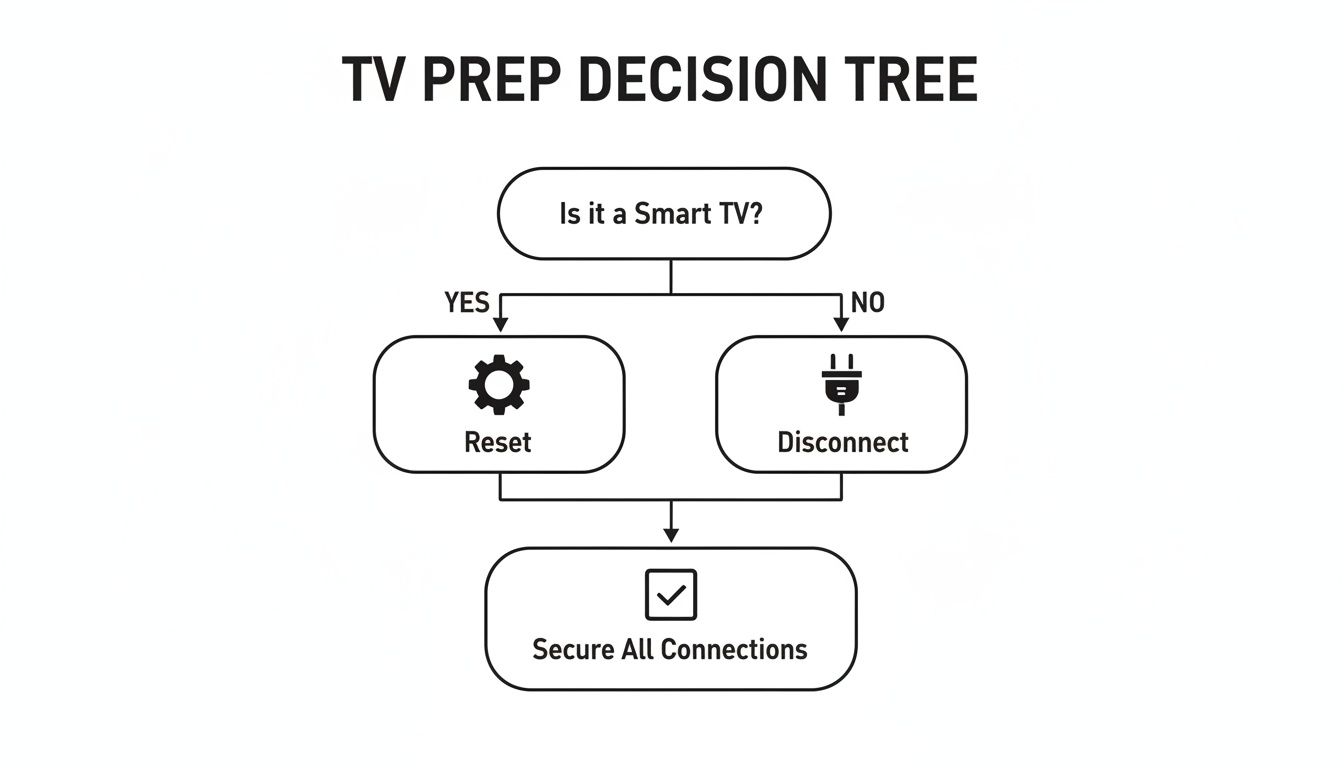 A flowchart titled 'TV Prep Decision Tree' guiding TV preparation based on smart TV status.