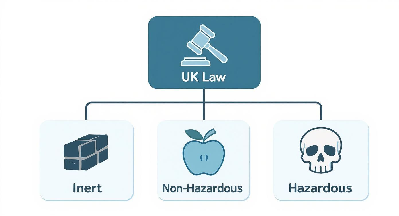 UK Law classification diagram showing three waste categories: inert, non-hazardous, and hazardous waste types