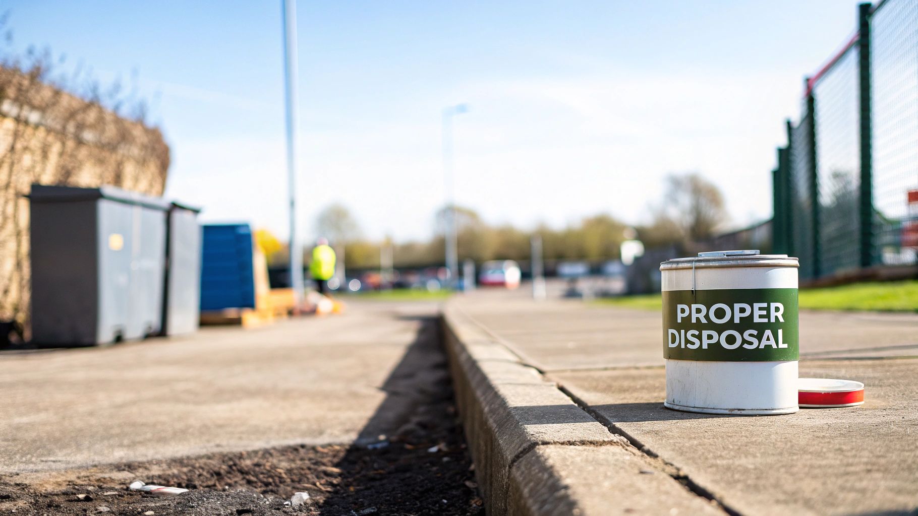 A white and green paint can labeled 'PROPER DISPOSAL' sits on a concrete curb.