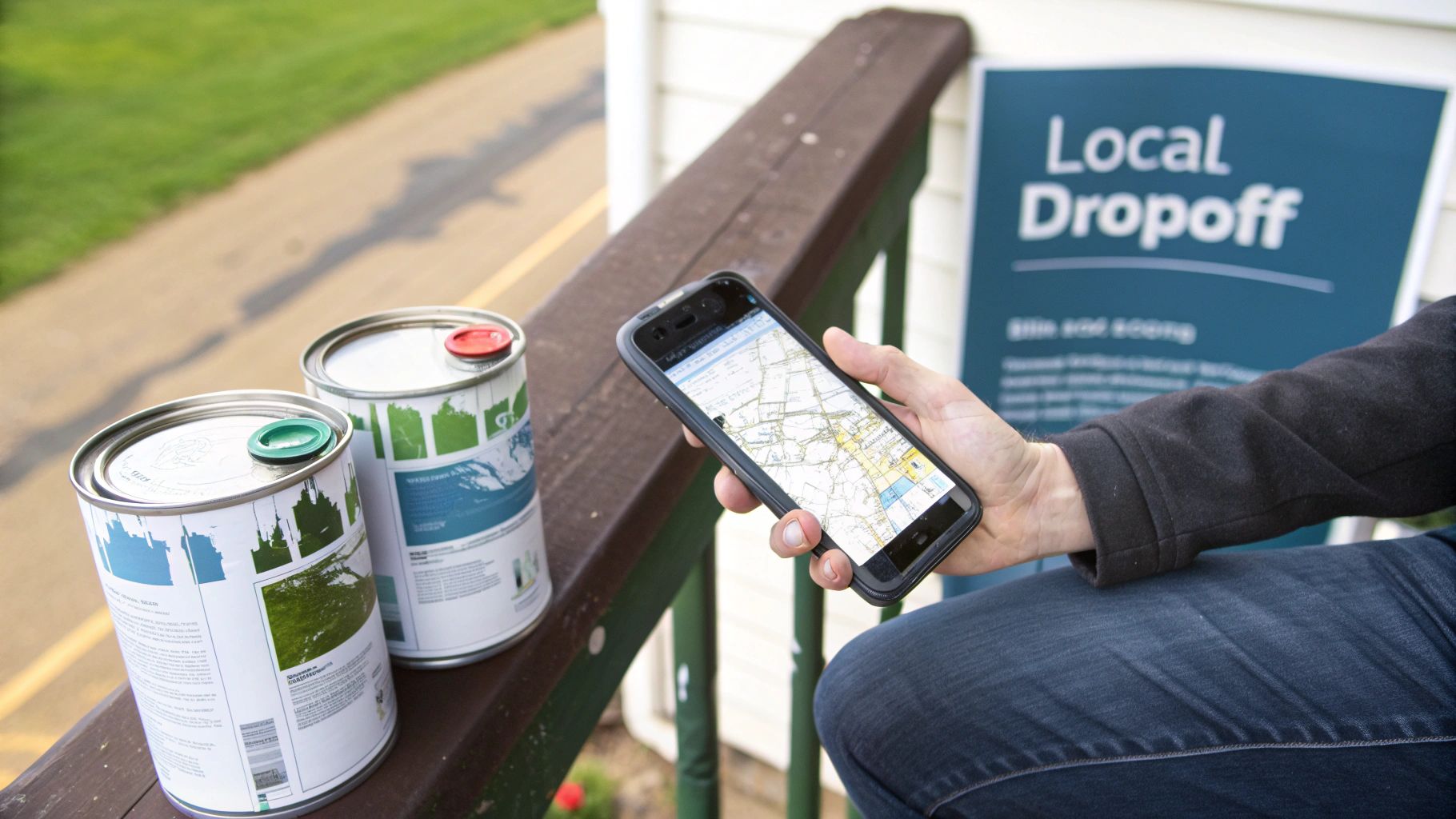 A person checks a map on a smartphone next to two paint cans and a 'Local Dropoff' sign, likely for proper disposal.