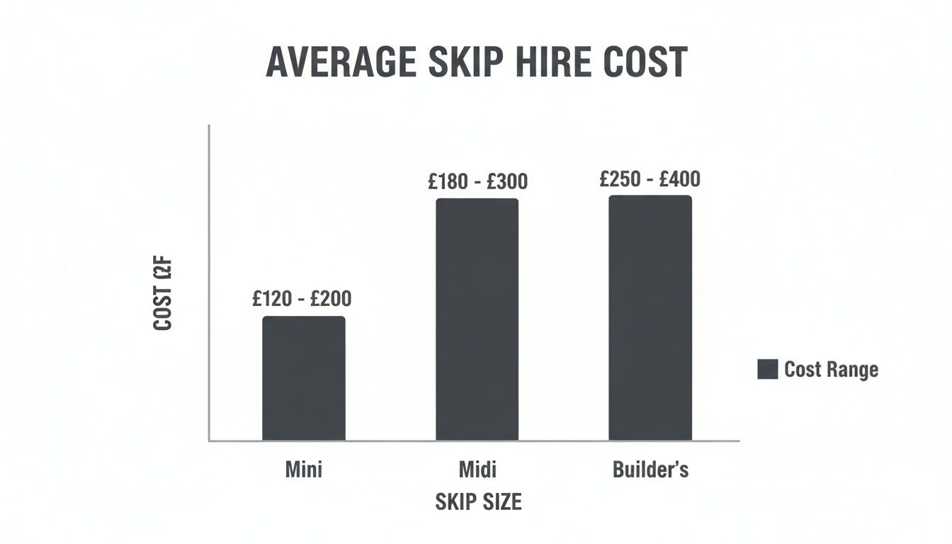Bar chart showing average skip hire costs for Mini, Midi, and Builder's skips, with prices ranging from £120 to £400.