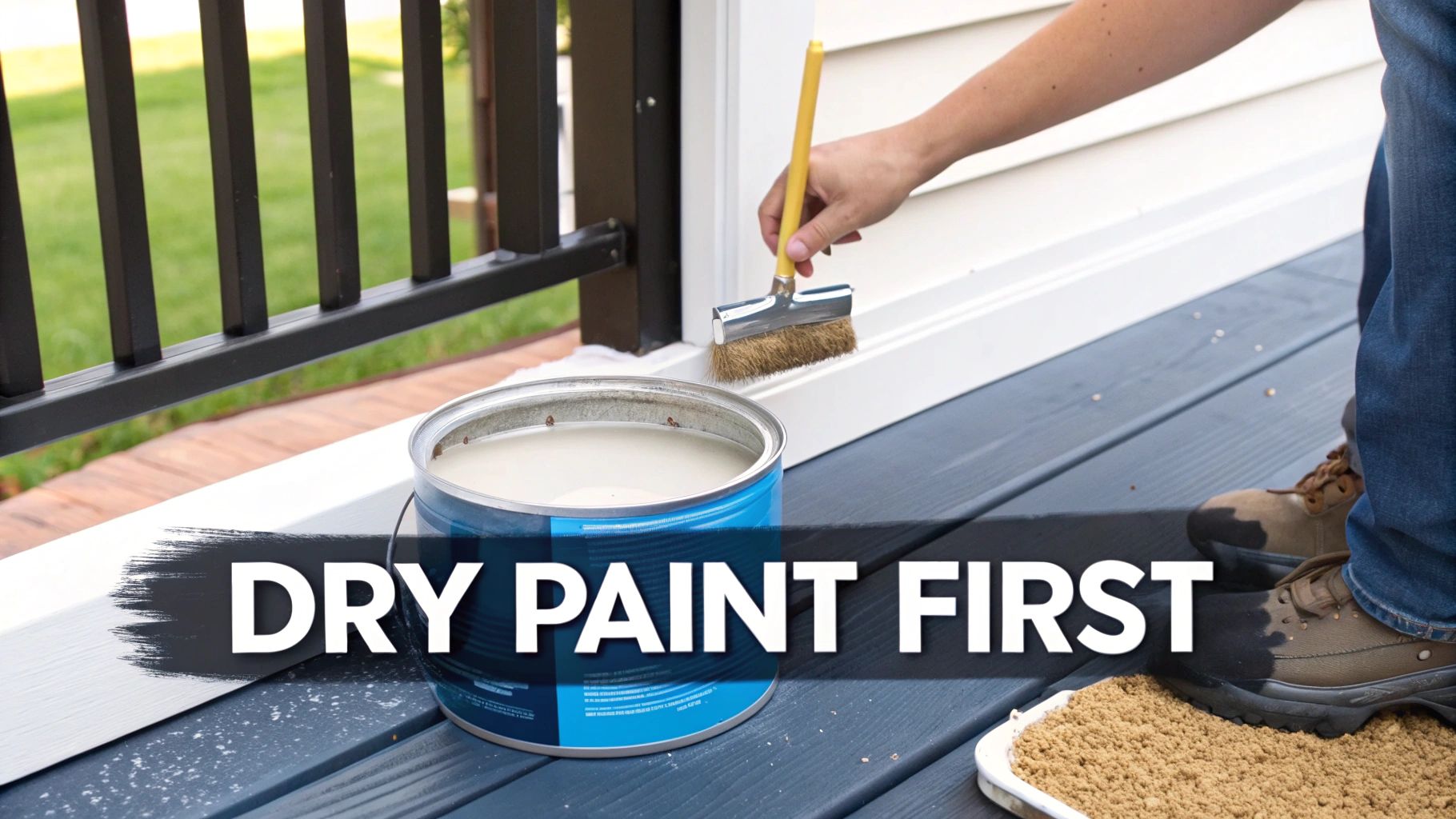 Person painting white trim on an outdoor deck next to a black railing using a wide brush and a paint can.