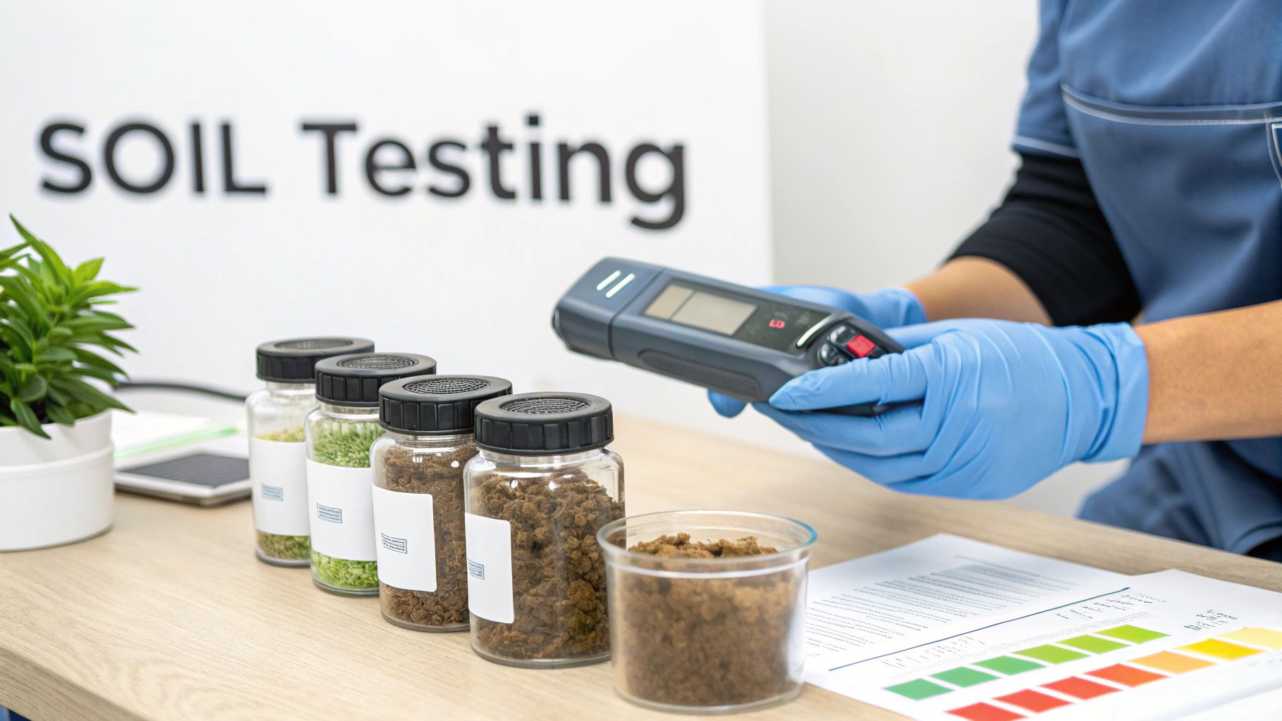 Person in blue gloves testing soil samples with a handheld device in a lab setting.