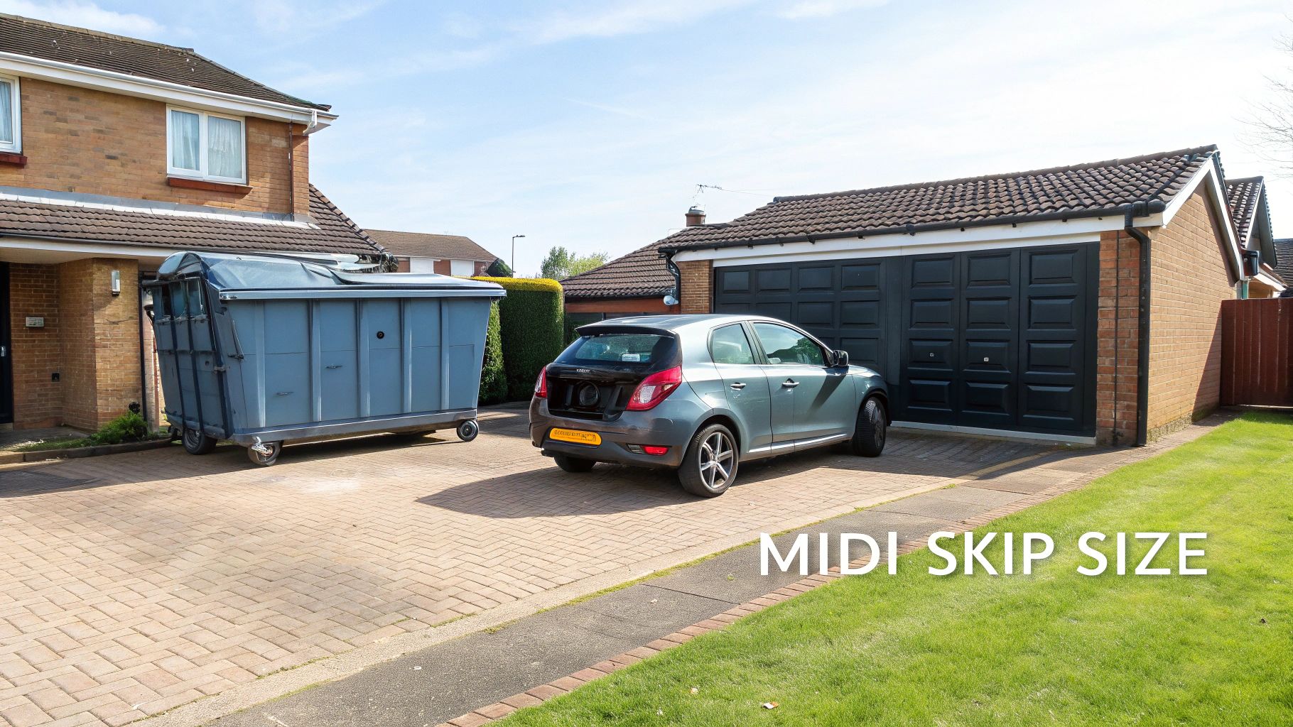 A 4 yard skip placed on a residential driveway for a home project