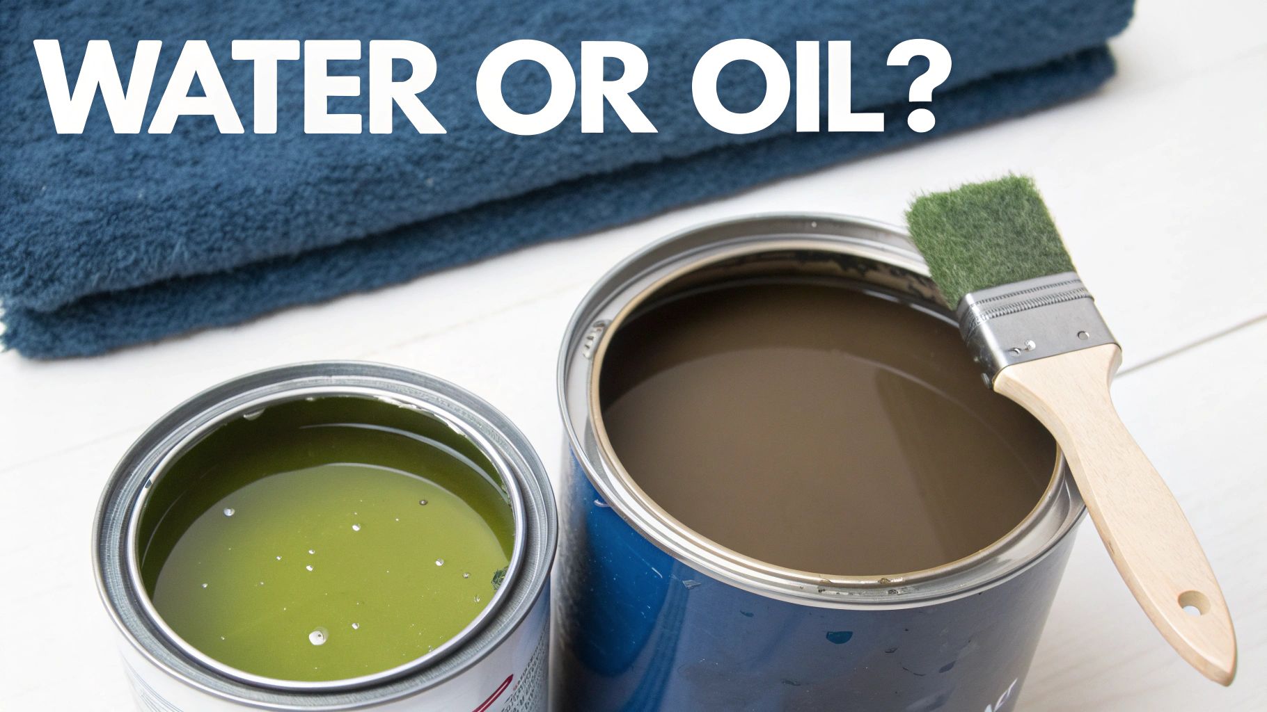 Two open paint cans, a paintbrush, and blue towel on wood, with text 'WATER OR OIL?'
