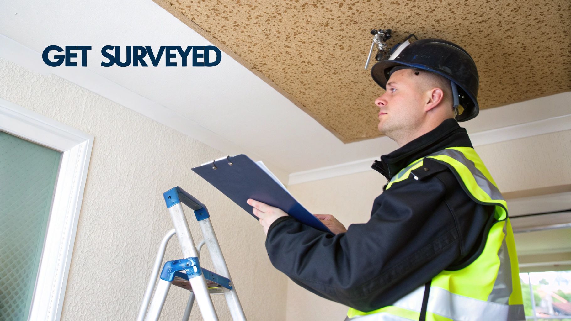 A professional in a white hazmat suit carefully taking a sample from a textured ceiling.