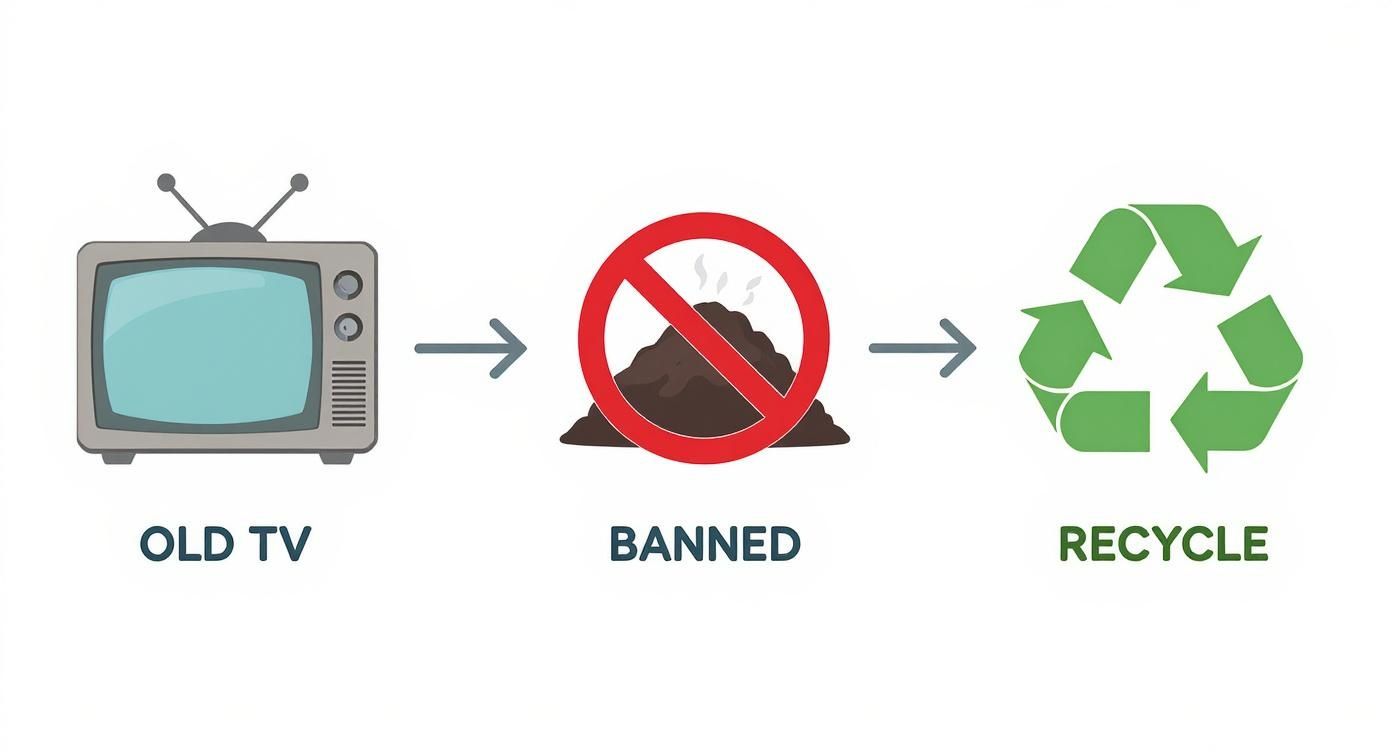 Diagram showing old television being banned from landfills leading to recycling symbol