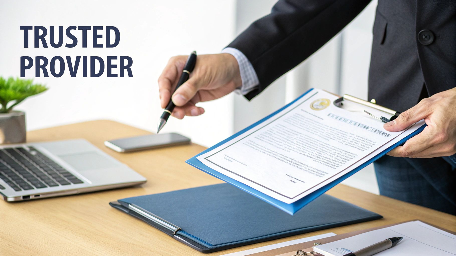 A person in a suit holds a document on a clipboard, pointing with a pen, with 'TRUSTED PROVIDER' text.