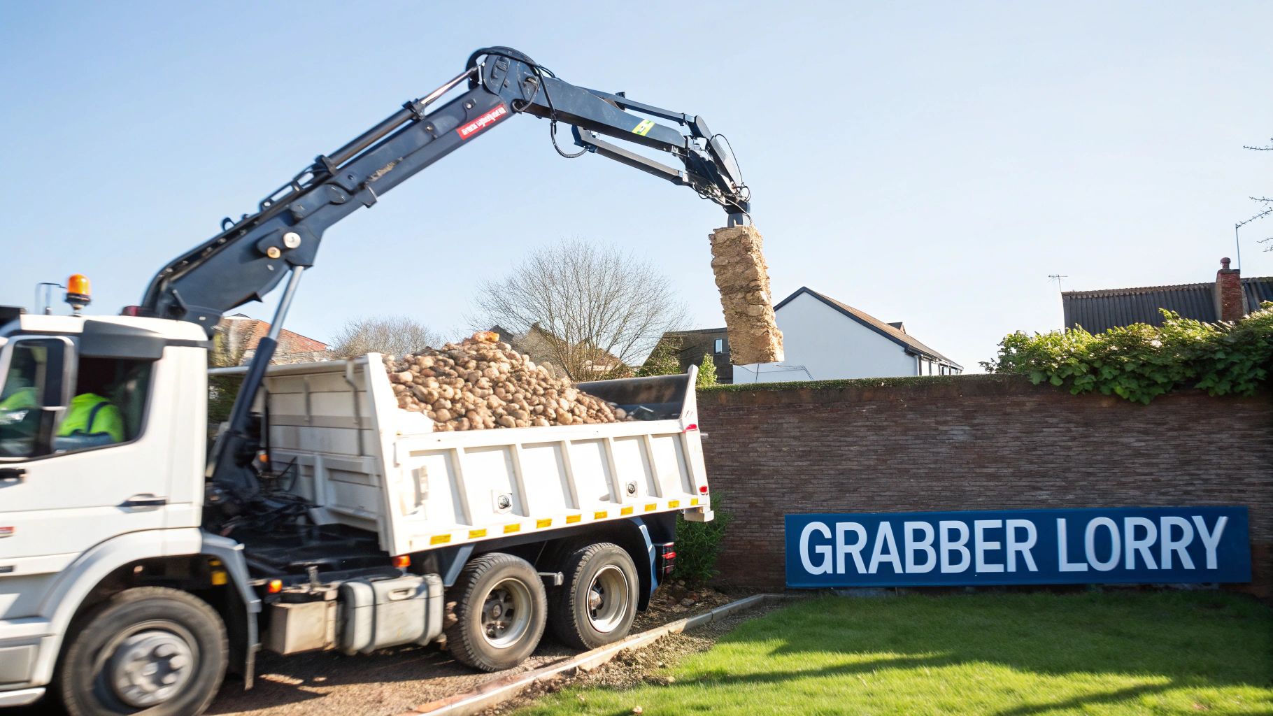 A white grabber lorry with a crane loads brown material into its bed on a sunny day.