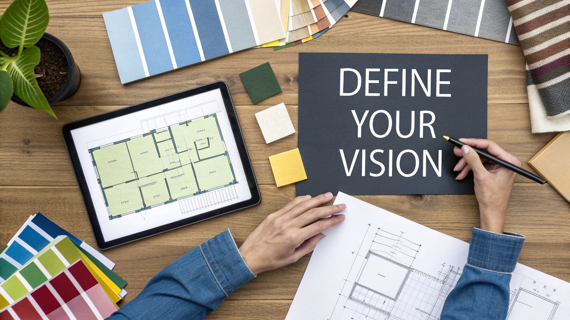 Interior designer planning home renovation with floor plans, color swatches, and define your vision sign