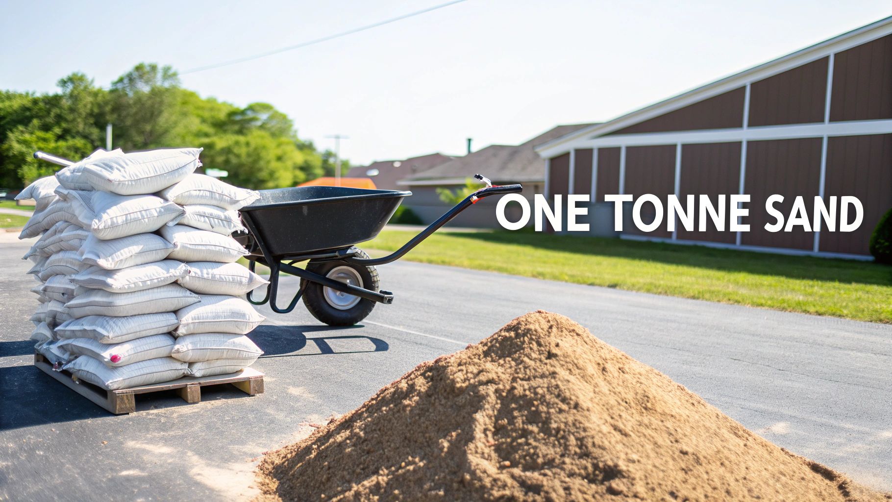 A large bulk bag of sand on a construction site, illustrating what 1 tonne of sand looks like.